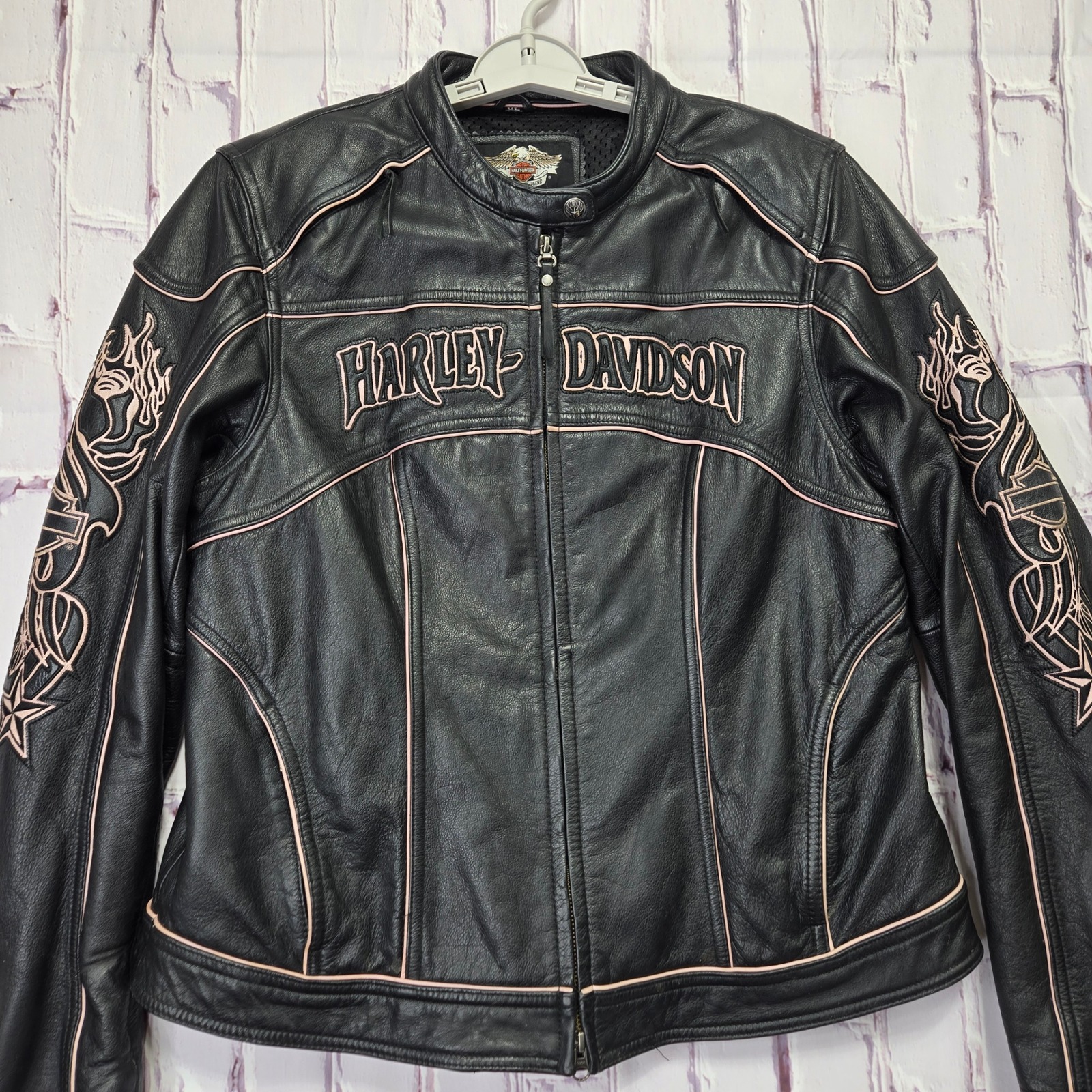 Harley-Davidson Women Leather Motorcycle Jacket Black Pink Embroidered Hd-375 Xl